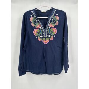 Magazine Lady Womens Top 2X Navy Floral Embroidered Boho Festival Vintage